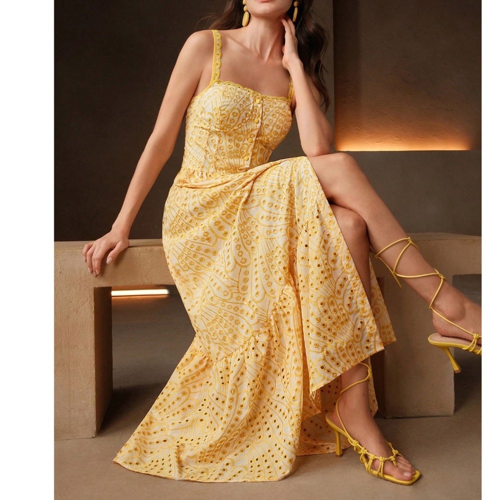 Boho Yellow Eyelet Button down High Waisted Maxi Dress